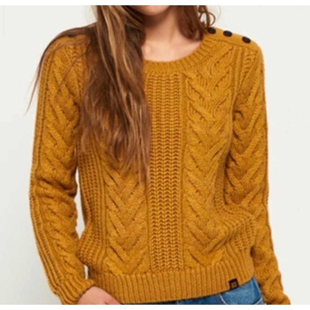 Superdr Mustard Gold Yellow Cable Knit Cropped Sweater Large Button Detail‎
